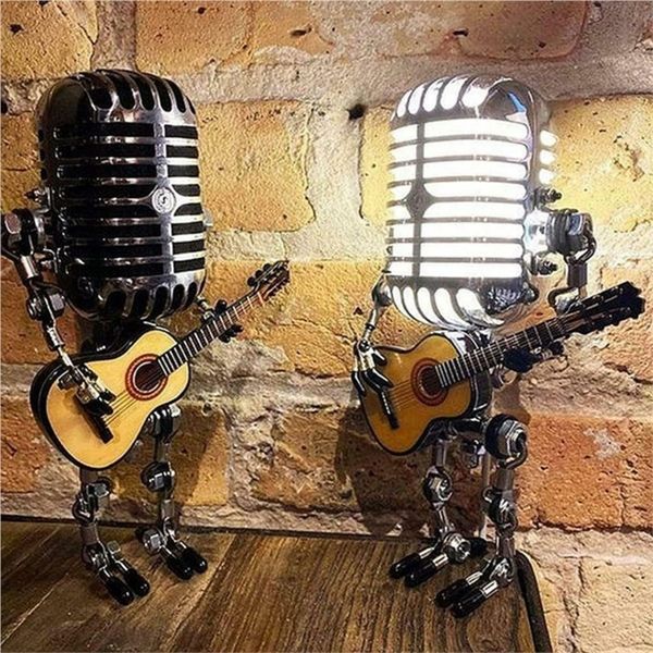 Microphone métal Robot Retro Lampe de table Statue Modèle de décoration lumineuse réglable Decoration lumineuse de poche de bureau de guitare de bureau 220329