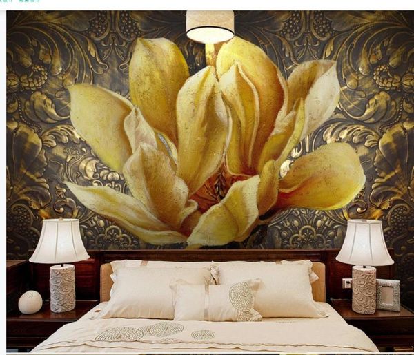 Peinture à l'huile en métal fleur fleur en or en relief 3d stéréo tv.