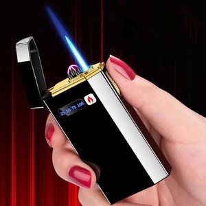 Metaal Buiten Winddicht Dual Arc Plasma USB Aansteker Blauwe Vlam Turbo Torch Butaan Geen gas Sigaar Batterij Display Heren Gadget