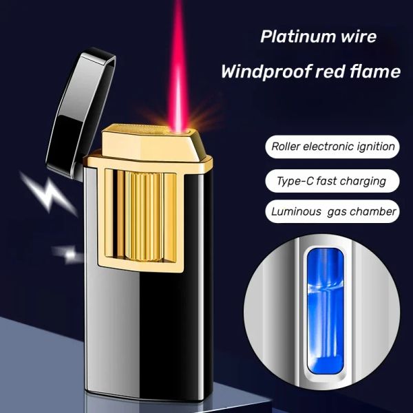 Metal extérieur au vent à gaz usb jet-briquet rouleau à induction électronique allumage des briquets de recharge de recharge de flamme rouge flame rouge