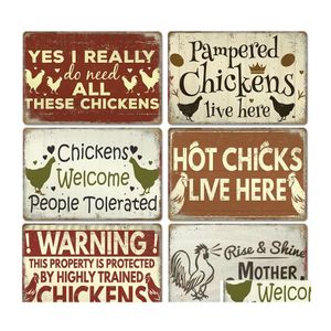 Pintura de metal 2023 Pollos divertidos Carteles de chapa Cartel vintage Gallo Gallinas Huevos Placa retro Pegatinas de pared para puertas al aire libre de granja Inicio DH7UZ