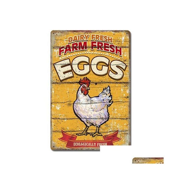 Pintura de metal 2023 Collos divertidos Señales de estaño Vintage Goster Hens Eggs Pegatinas de pared de placa retro para puertas al aire libre de la granja Dhdxt