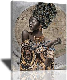 Peinture en métal Art mural afro-américain Peinture sur toile imprimée portrait de femme en noir et or boucles d'oreilles en or affiche art décoration de maison moderne x0829