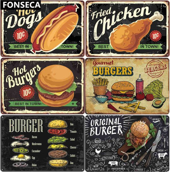 Peinture en métal Poulet Hamburger Hot Dogs Signe Plaque Plaques Vintage en métal pour Wall Art Home Shop Vintage Restaurant Décoration T220829