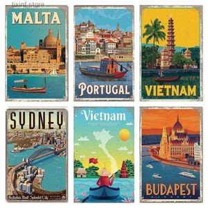 Metalen schilderij beroemde stad landschap poster metalen borden Boedapest Malta Sydney tinnen plaat retro muur kunst decor voor woonkamer thuis 8 x 12 inch T240309