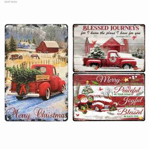 Peinture en métal avec camion rouge agricole, grange, voyages bénis, joyeux Noël, décoration de vacances d'hiver, intérieur et extérieur, décoration de porche de ferme T240309