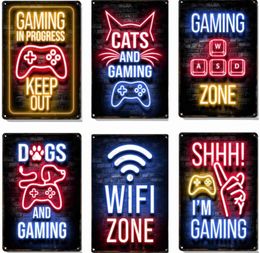 Metalen Schilderij Gamepad Metalen Poster Neonlicht Gloed Belettering Decoratief Tin Bord Game Room Wall Art Plaque Modern Home Esthetisch 8 X 12 Inch T240309