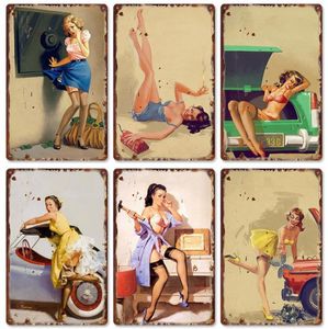 Metal Painting Nieuwe Amerikaanse pinup schoonheid retro tin schilderij bar achtergrond muur frameloze decoratieve muurschildering woonkamer decor 20x30cm