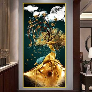 Pintura de metal Nuevo ciervo dorado chino Árbol rico Lienzo Pintura Arte de la pared Flores doradas de lujo Pósteres Impresiones para la decoración interior del pasillo Quadro x0829