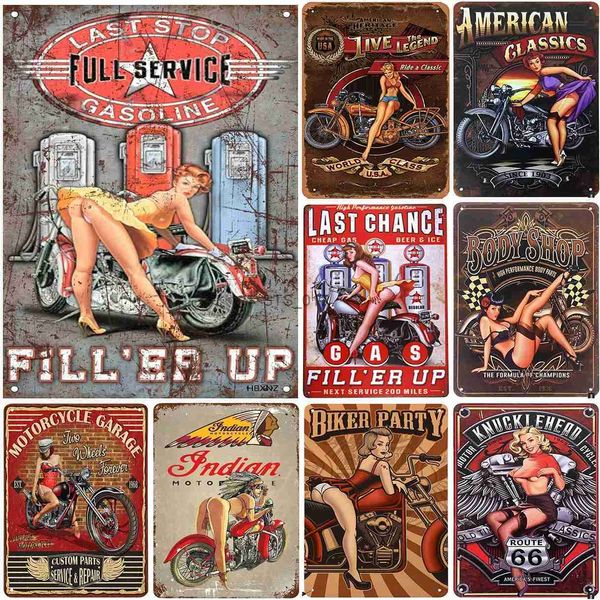 Pintura de metal Pin Up Girls Motocicleta Letreros de chapa de metal Motor Garaje Rojo Negro Letreros de chapa de metal vintage para cafeterías, bares, pubs Tienda Decoración de pared