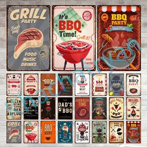 Metal Painting Plaque BBQ Party Time Meat Fornuis Bord Retro schilderij IJzeren Teken Wall Art Picture for Garden Home Living Room Decor 30x20cm W03