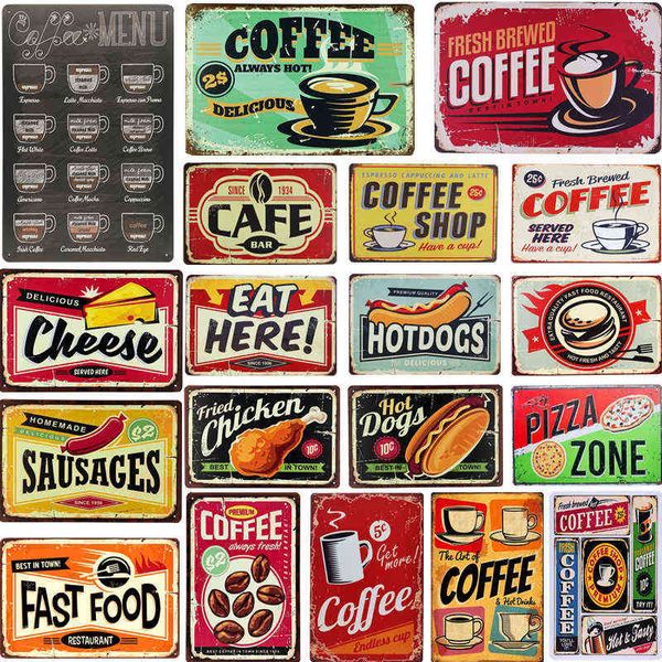 Peinture en métal Shabby Chic Fast Food Café Menu Vintage Tin Metal Signes Plaque Hot Dog pour Diner Restaurant Café Boutique Cuisine Maison Décoration Murale T220829