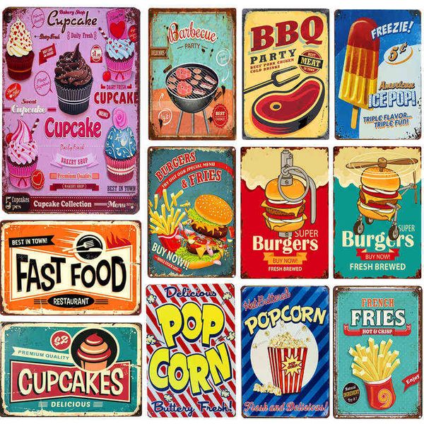 Peinture en métal Shabby Chic Vintage Plaques en métal BBQ Fast Food Hamburger Cupcake Pop Corn Hot Dog Décoration murale pour cuisine Café Diner Bar T220829