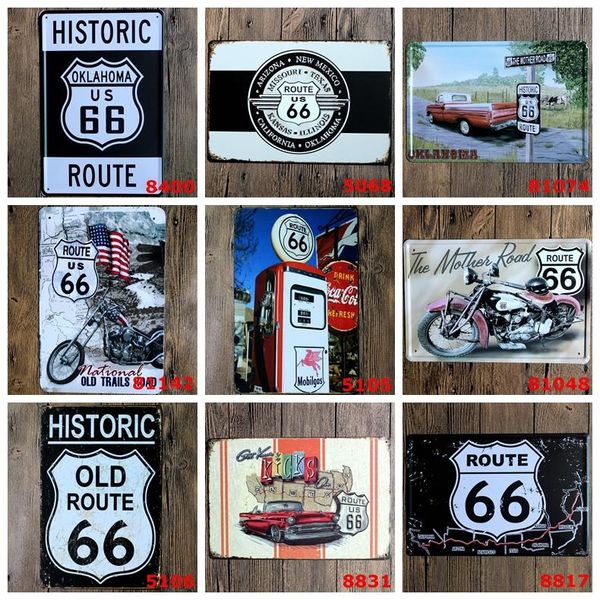 Carteles de chapa de pintura de Metal Vintage Route 66 placa cartel placas de hierro pegatinas de pared Bar Club garaje decoración del hogar 40 diseños YFAX2155