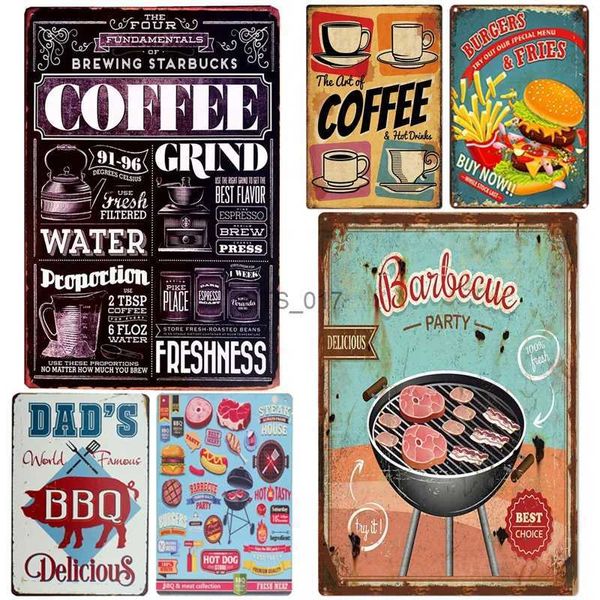 Pintura de metal vintage café carne alimentos cartel metal estaño cartel café comida rápida restaurante barbacoa placa hogar cocina decoración pared hierro pintura placa