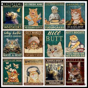 Pintura de metal vintage divertido gato atigrado café estaño cartel lindo gatos cartel metal signos texto shabby placa decorativa estaño pintura hombre cueva decoración