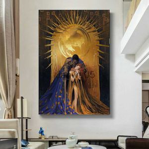 Pintura de metal Carteles de arte dorado vintage bajo el roble Caballero Abrazos Mujer Pintura en lienzo Carteles e impresiones retro Amantes HD Imagen Decoración x0829