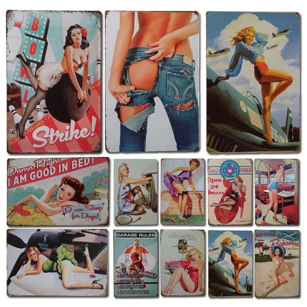 Sexy Pin Up Girl Affiche Métal Peinture Vintage Métal Plaque Tin Sign Rétro Plaque Décorative Plage Bar Salle De Bains Décoration Murale Accessoires Taille 30X20CM w02