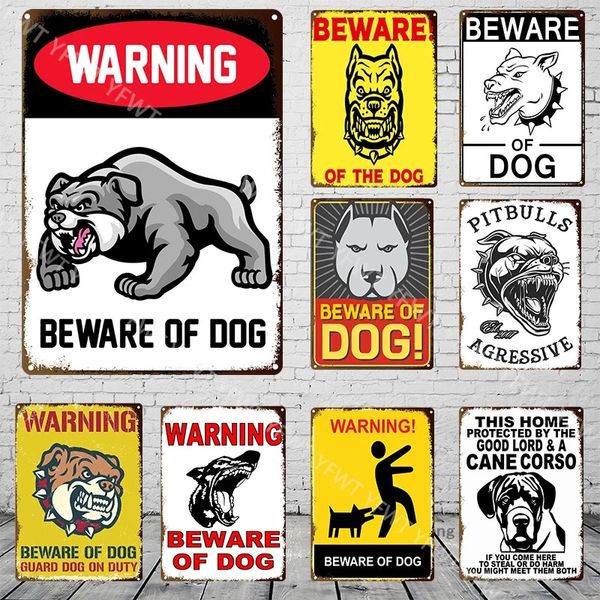 Pintura de Metal, cartel Vintage de perro de advertencia, cuidado con el perro, placas de hojalata Retro, pegatinas de pared para jardín, decoración de puerta de casa familiar