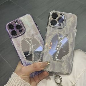 Metalen Telefoon Gevallen Cover Designer Diamant Spiegel Telefoon Gevallen Voor IPhone 14 14Pro 14Plus 13 12 Luxe Merk Print Cover Case Met Parelketting