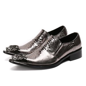 Chaussures en cuir véritable pour hommes, bout pointu en métal, Grain de serpent argenté, chaussures formelles de fête d'affaires, de mariage