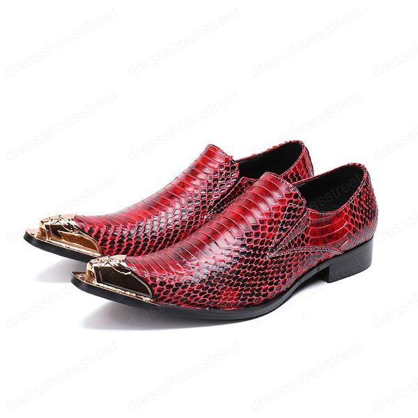 Zapatos de piel de serpiente con punta de metal para hombre, zapatos de baile de discoteca con estampado, vestido Formal, nueva moda, zapatos rojos sin cordones