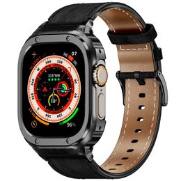 Metalen Beschermframe Case Met Geniune Lederen Horloge Band Riem 40/41/44/45/49mm Vervangende Band Voor Apple Watch S8/7/6/5/4