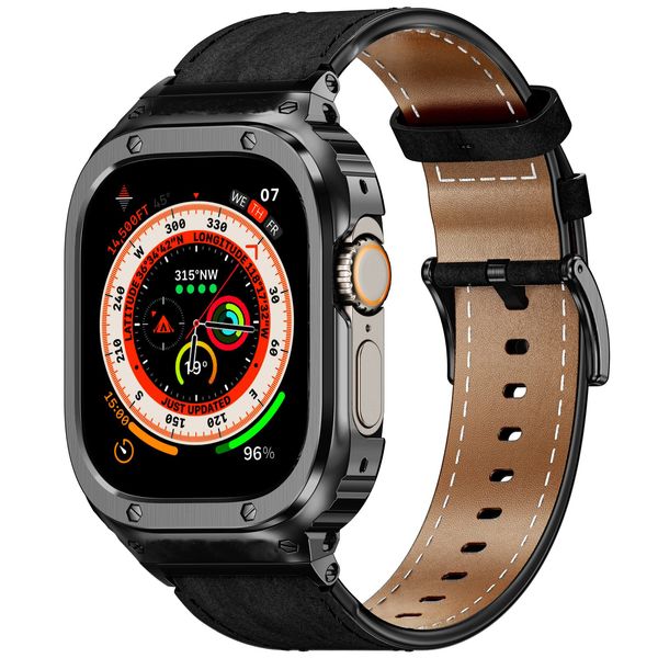Boîtier de cadre de protection en métal avec bracelet de montre en cuir véritable ceinture 40/41/44/45/49mm bracelet de remplacement pour Apple Watch S8/7/6/5/4