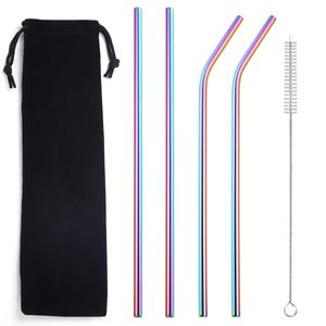 Metal Reusable 304 Stainless Steel Straight Bend Drinking Straw with Case Cleaning Brush Set Party Bar Attachment Inventory Wholesale