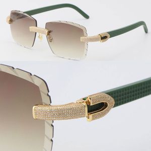 Lunettes de soleil sans monture en métal pour hommes et femmes, treillis carré, planche verte, ensemble de diamants micro-pavés, lunettes pour femmes, monture vintage masculine et féminine avec lunettes en or 18 carats