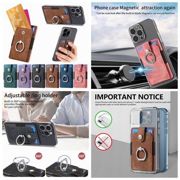 Porte-bague en métal Étuis en cuir rétro pour iPhone 15 14 13 12 Samsung S24 S23 S22 Note 20 ID Stick arrière sur la couverture de téléphone Fente pour carte universelle 3M Support autocollant voiture magnétique