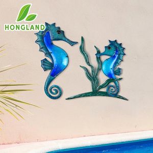 Décoration murale en métal hippocampe en verre, décoration murale sur le thème de la plage bleue, Sculpture de Couple d'hippocampe pour salle de cour 240116