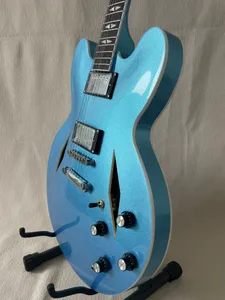 Guitare électrique Jazz 335 semi-creuse en métal, bleue