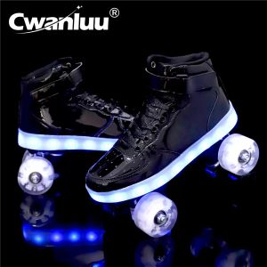 Metal Metal Roller de cuero brillante Patillas para niños Adultos con ruedas Ruedas USB LED Flash 7 Color Europa zapatos Diseñador Real LeAthe Decorat