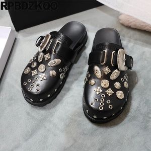 Metalen schoenen slip 313 Stud op klinknagels slippers Glides Punk Half rock round ronde teen dames bont muilezels riemen herfst winter sandalen flats bezaaid 240315 pers ded b pers ded ded ded ded ded