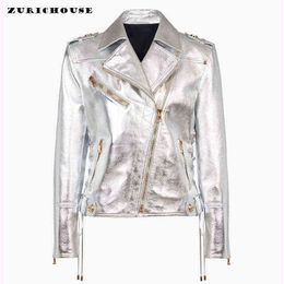 Chaqueta de cuero plateado metálico para mujer, ropa de abrigo para Moto con cremallera, diseño elegante con cordones, chaquetas de motocicleta de cuero sintético L220728