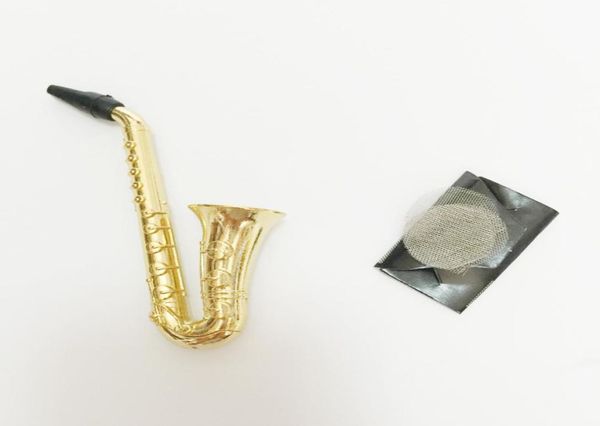Pipe de tuyau de fumé en métal Pipes de fumer Instrument de musique Instrument saxophone Mini narguilé avec écran pour vaporisateur d'herbes sèches Nouveau Pop1823318