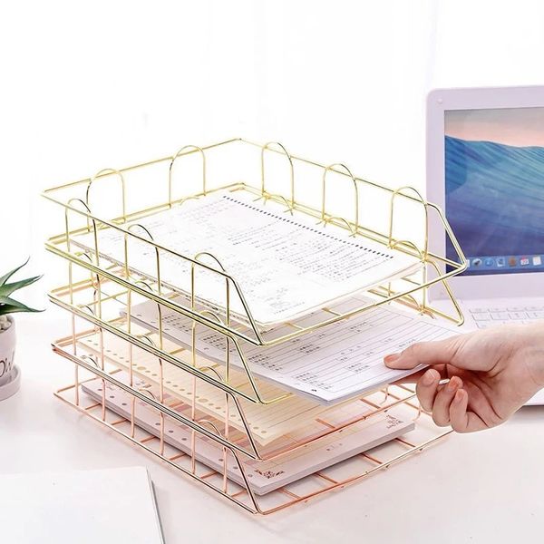 Organisateur de bureau en papier empilable en métal Rose Gold Metal Letter Bays For File Paper Organizer Desk Organizer Fichier Organisateur