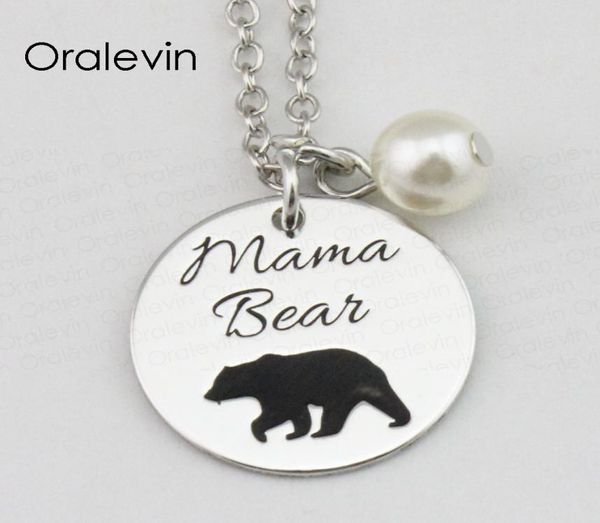 Ideas de estampado de metal MAMA BEAR Inspirador Estampado a mano Grabado Encanto Colgante Collar de cadena Joyería de regalo 18 pulgadas 22 mm 10 piezas Lote 3690980