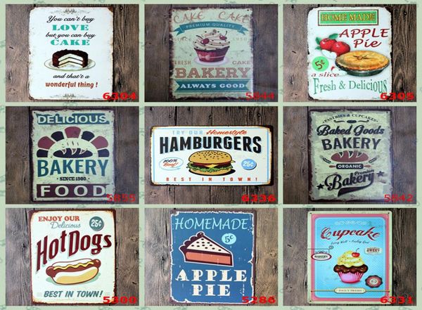 Carteles de pintura de hojalata de Metal, cartel Vintage de hamburguesa y pastel, placas de hierro, pegatinas de pared, tienda de pasteles, decoración del hogar, 40 diseños YFA24405133894