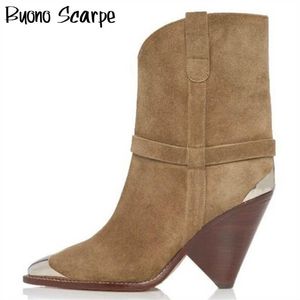 Bout en métal talon haut femmes bottes en cuir véritable bottines courtes en cuir suédé bout pointu talons chaussures dames Matin bottes 2020 926