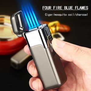 Metal Torch No Gas Windproof Briquet Cigar Butane Lighters Four Fire Blue Flame Jet Adjustable Luxury Lighter