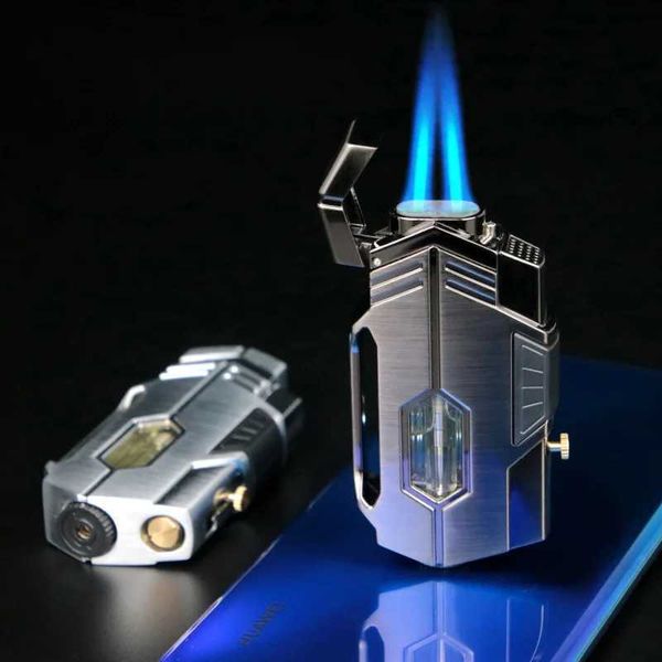 Briquet torche Turbo en métal avec perceuse à cigares, coupe-vent pour l'extérieur, Double chasse d'eau droite, Cycle de flamme bleue, briquet de gonflage, cadeau pour hommes