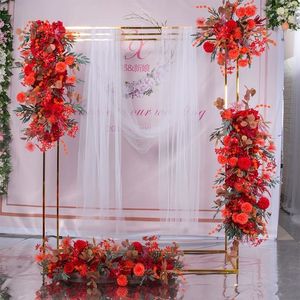 Arc de Mariage en métal cadre Mariage rangée coureur carré toile de fond support fond or placage extérieur fleur artificielle porte étagère