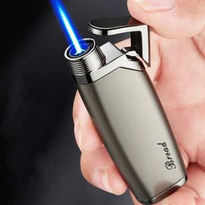 Briquet en métal coupe-vent, flamme bleue, Butane, sans gaz, Turbine, torche, cigare haute puissance, Portable, personnalité, cadeau créatif pour homme