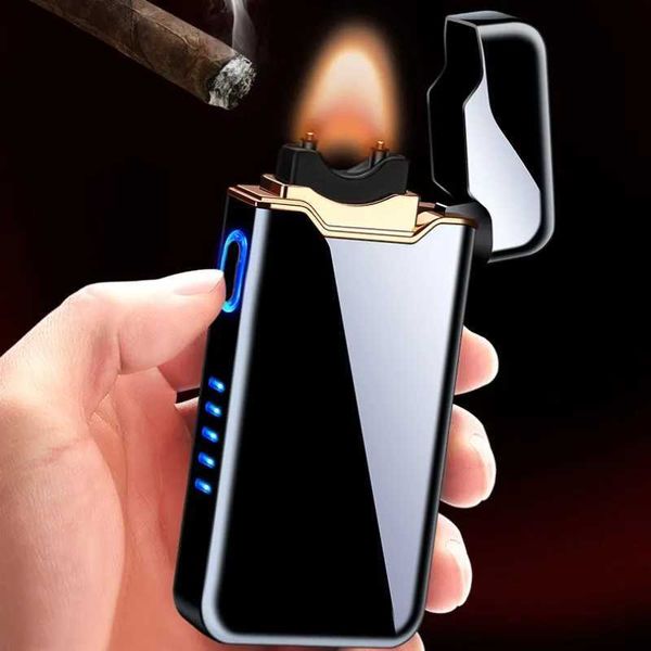 Briquet Plasma USB en métal, coupe-vent, haute puissance, flamme, affichage LED, électrique, personnalisé, créatif, cadeau pour hommes