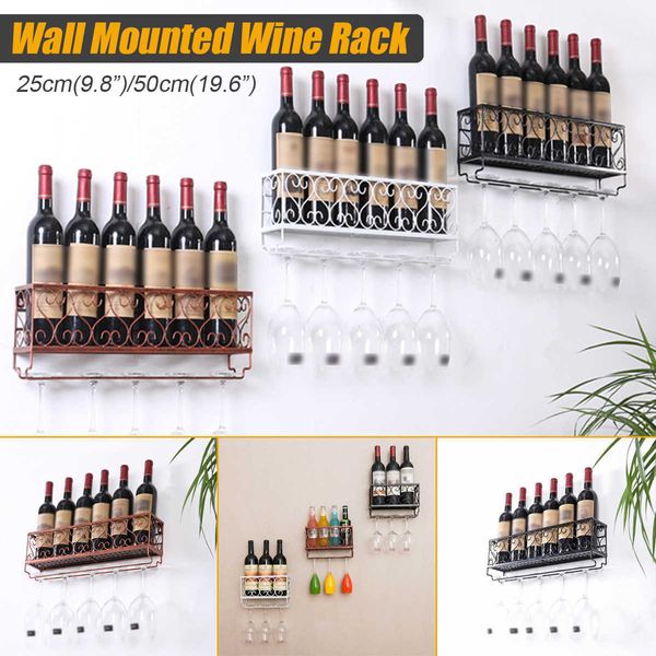 Estante de vino de metal con soportes para botellas Organizador montado en la pared Cristalería Estante de almacenamiento Pantalla colgante Decoración de la cocina del hogar 210705