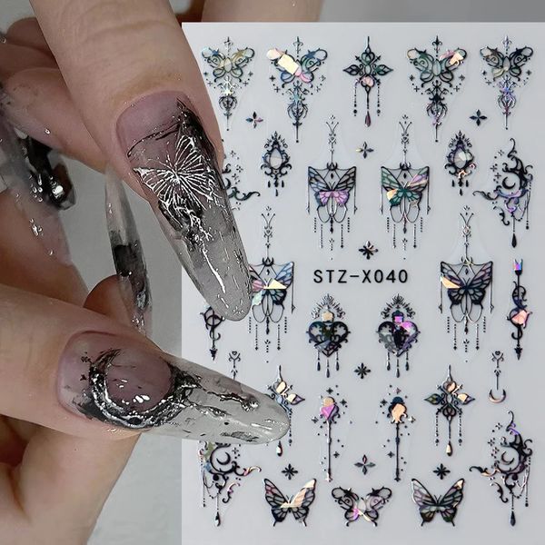 Stickers de ongles de papillon noir métallique 3D Charmes de style sombre Sliders Lace Ink Rream Catcher Moon Heart Star Foil Manucure Conseils 240509