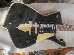 Metallic zwarte Iceman elektrische gitaar Abalone body binding gouden spiegel slagplaat gouden vlamvormige staartstuk gouden hardware