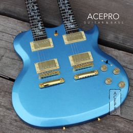 Bleu métallisé Acepro Double cou Guitare électrique Corps en tilleul Sculpté Haut Abalone Incrustations de tige personnalisées Matériel doré de haute qualité